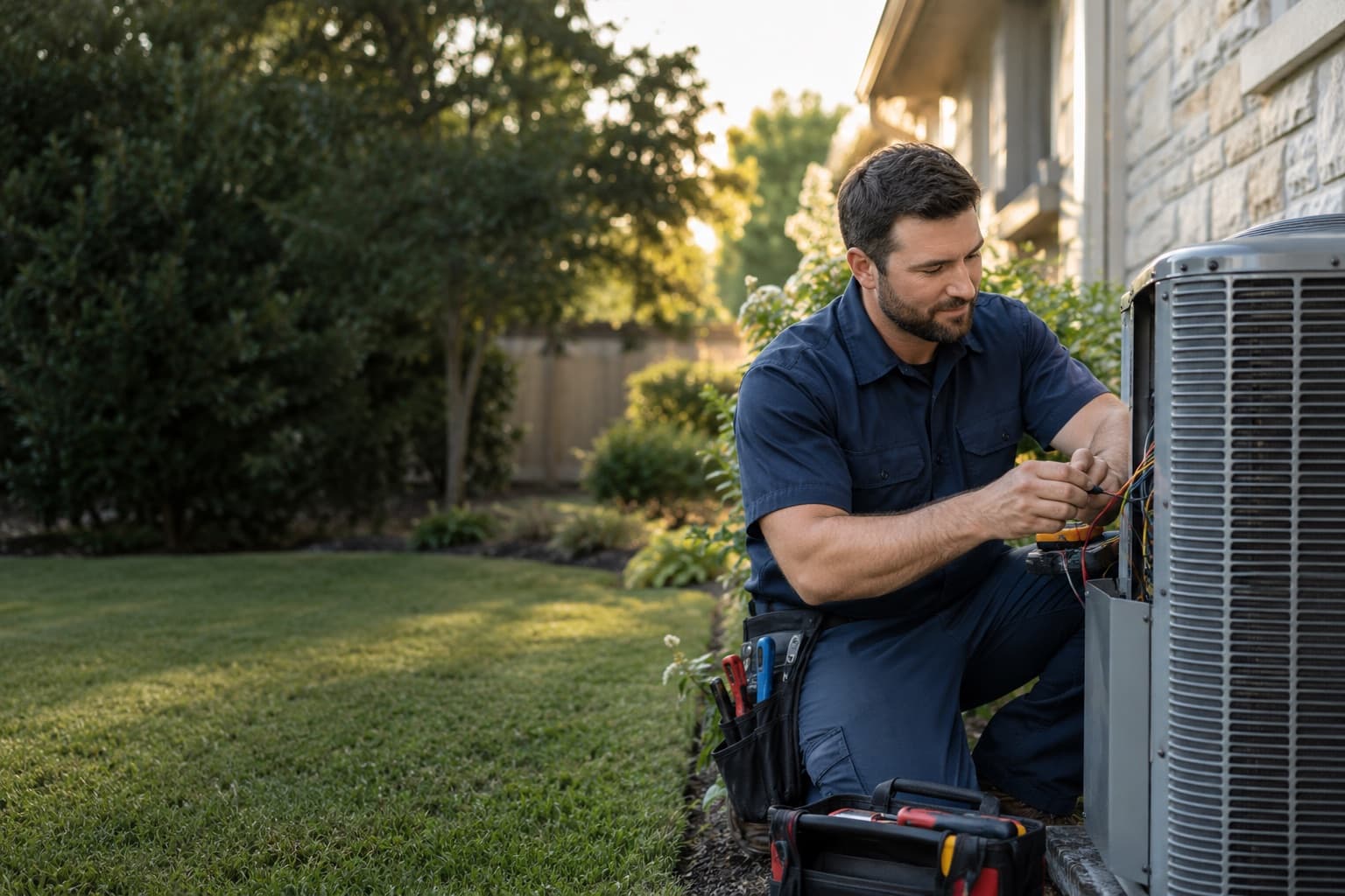 HVAC professional servicing a residential air-conditioning unit
